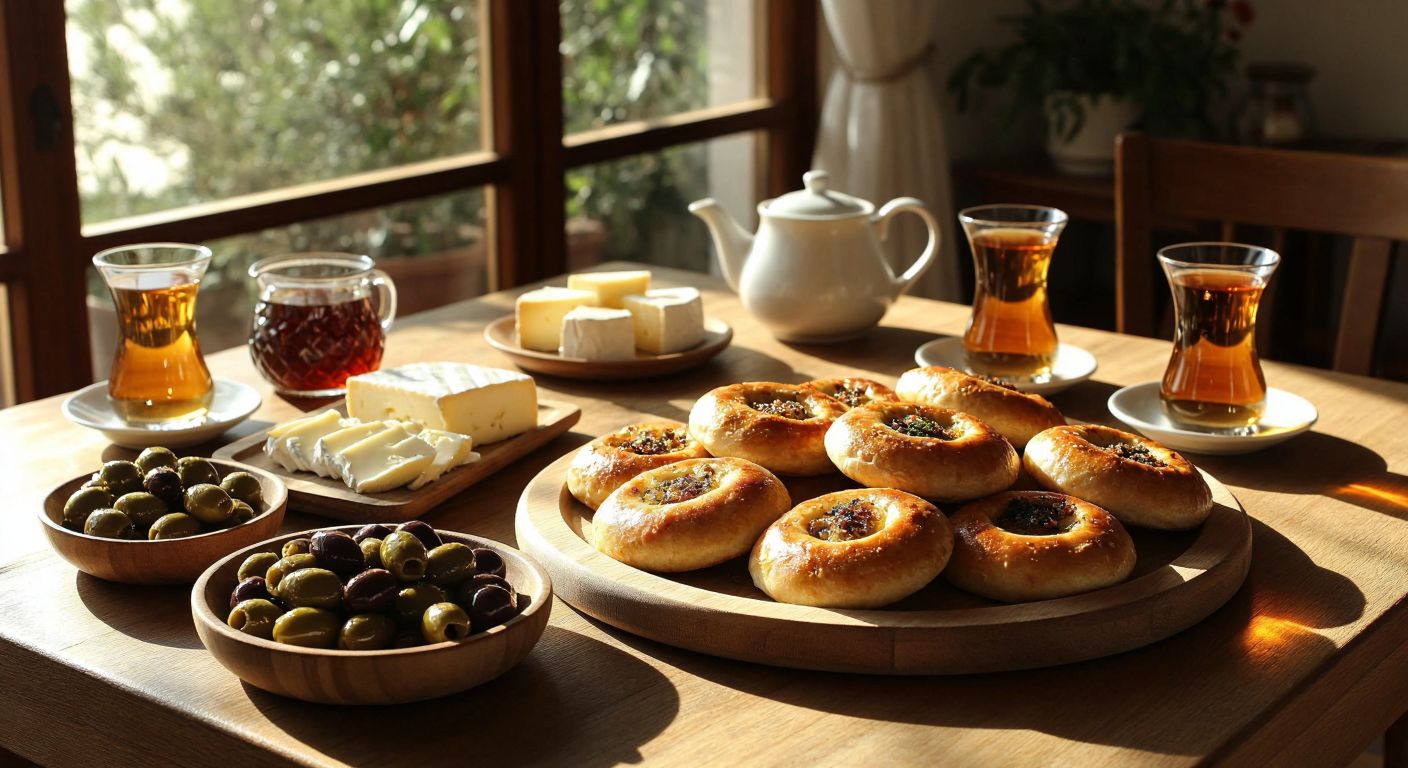 A warm, sunlit breakfast table in a Turkish home, with freshly baked cantık on a wooden tray, surrounded by small plates of olives, cheese, and honey, and steaming glasses of çay in tulip-shaped glasses.