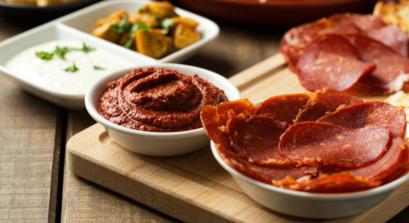 A rustic wooden table in a Turkish kitchen holds two small bowls—one filled with dark red çemen paste and the other with vibrant red pul biber flakes, alongside fresh pastırma slices and a traditional breakfast spread.