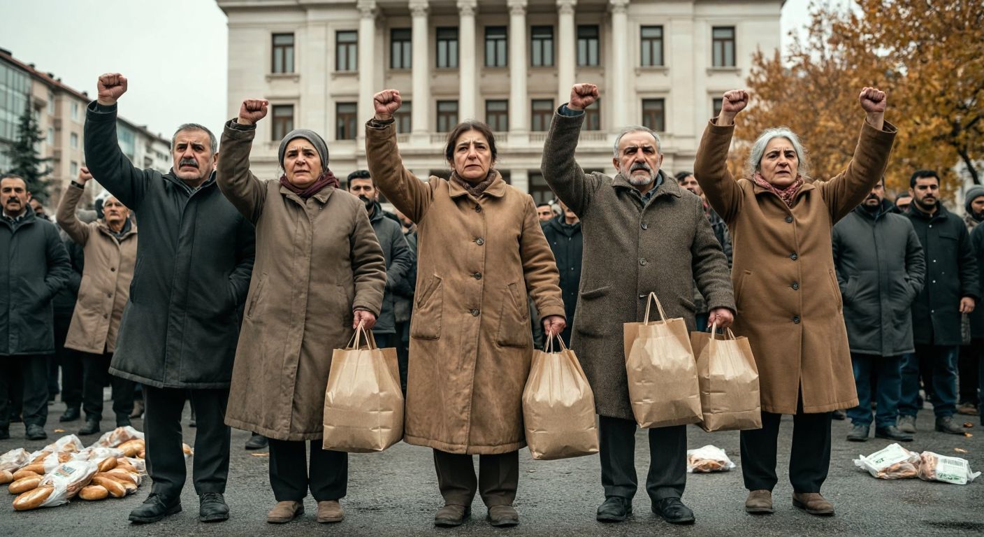 A group of elderly protesters in Turkey, wearing worn-out coats and holding empty grocery bags, stand in front of a government building with determined expressions, their fists raised in frustration against a backdrop of rising bread prices and utility bills scattered on the ground.