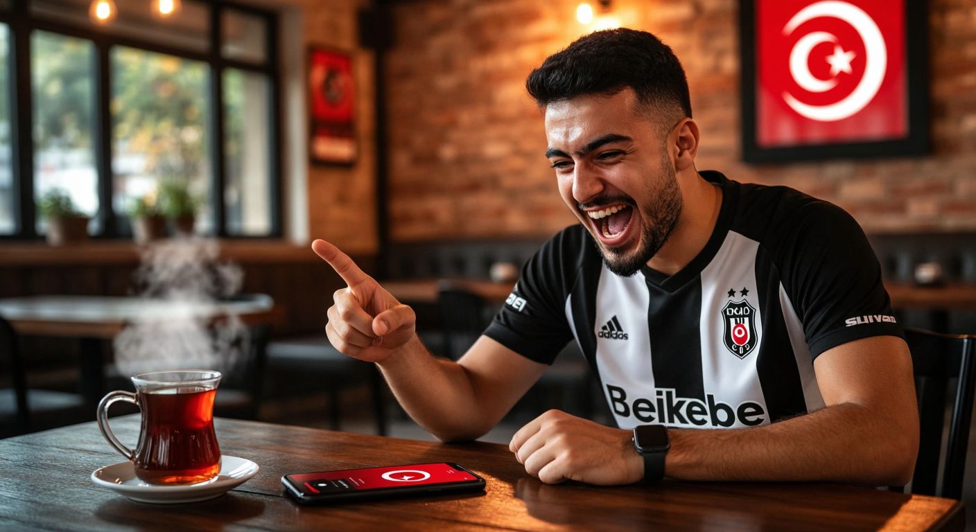 A passionate Beşiktaş fan in a black-and-white jersey excitedly points at a glowing digital token on a smartphone screen, with a Turkish flag and a steaming cup of çay on a wooden table nearby.