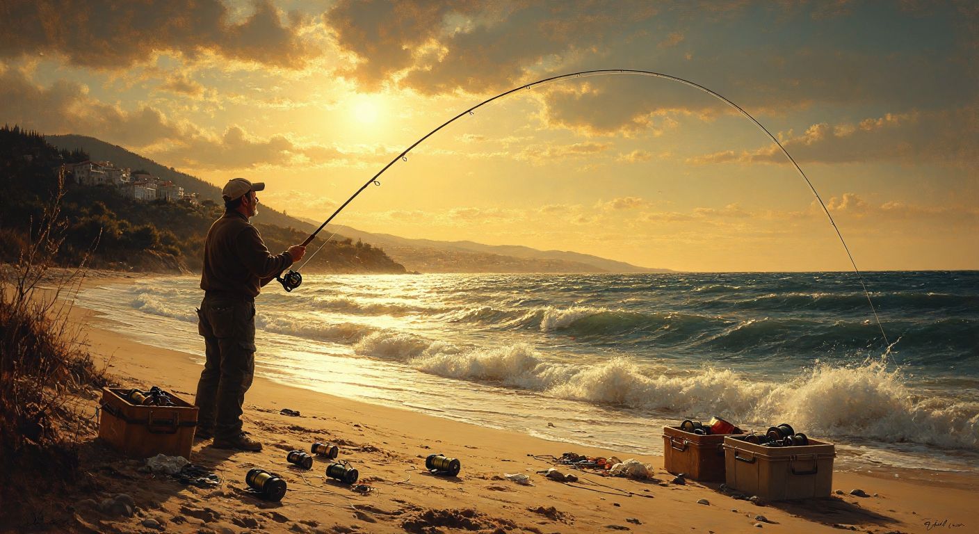 A sunlit Turkish coastline with a determined angler casting a long surf fishing rod into the waves, surrounded by scattered fishing gear like reels and tackle boxes on the sandy shore.