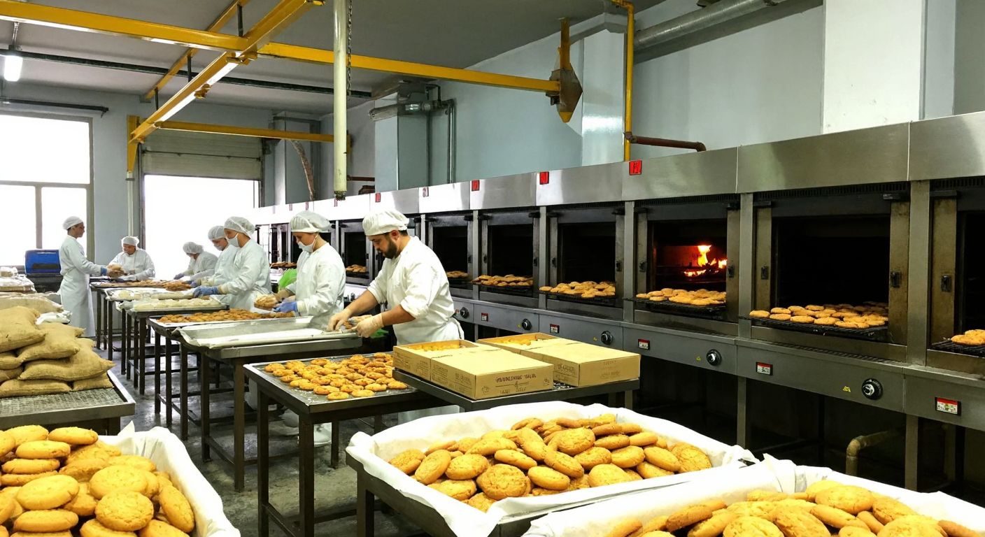 A bustling industrial bakery in Tekkeköy, Samsun, with workers in white uniforms packaging golden-brown cookies, surrounded by sacks of flour and the warm glow of ovens.