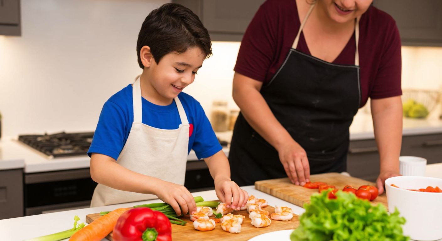 A smiling Turkish child with an apron stands at a kitchen counter, carefully assembling mini shrimp rolls with fresh vegetables while an adult watches warmly nearby.