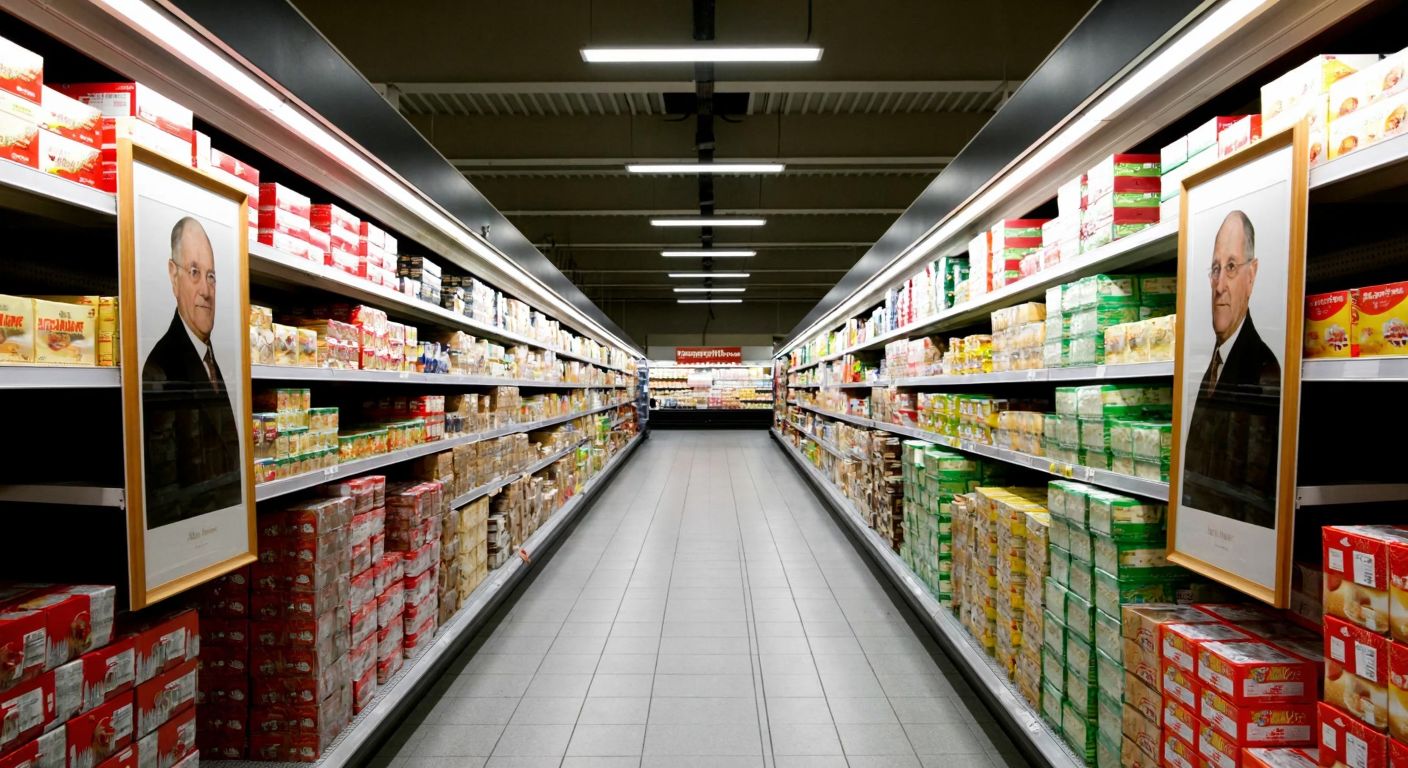 A German supermarket aisle with neatly stacked products under bright lights, flanked by two dignified portraits of elderly men (the Albrecht brothers) in simple frames, symbolizing ownership.