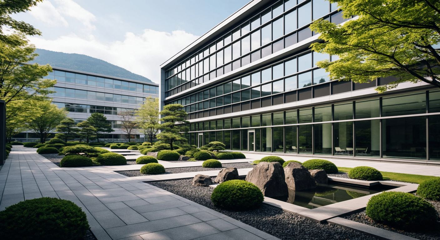 A sleek, modern Swiss office building with a minimalist Japanese-inspired garden in the foreground, symbolizing the blend of Swiss headquarters and Japanese origins.