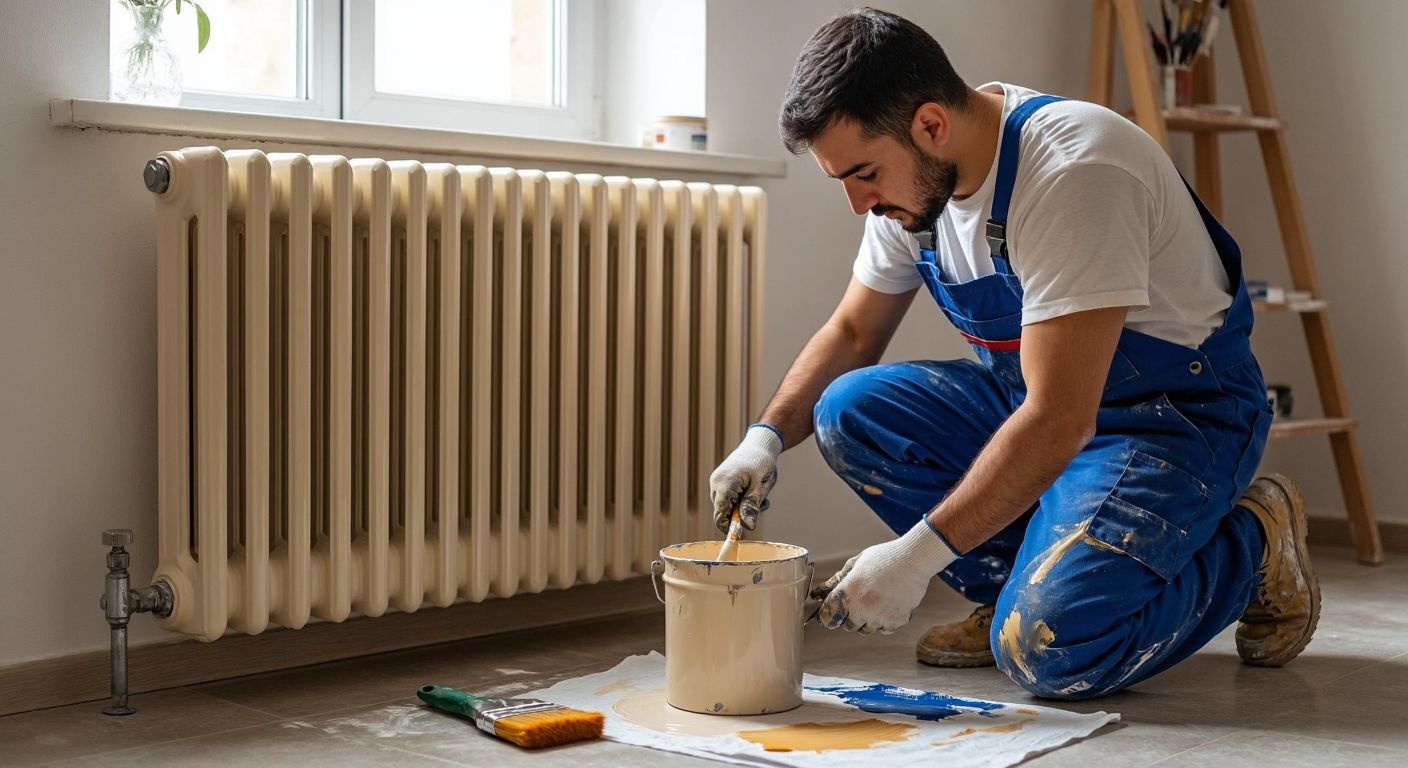A Turkish painter in a blue overall carefully rolls beige radiator paint onto a small apartment's warm-toned metal radiator, with a half-empty paint can and brushes resting on a drop cloth nearby.