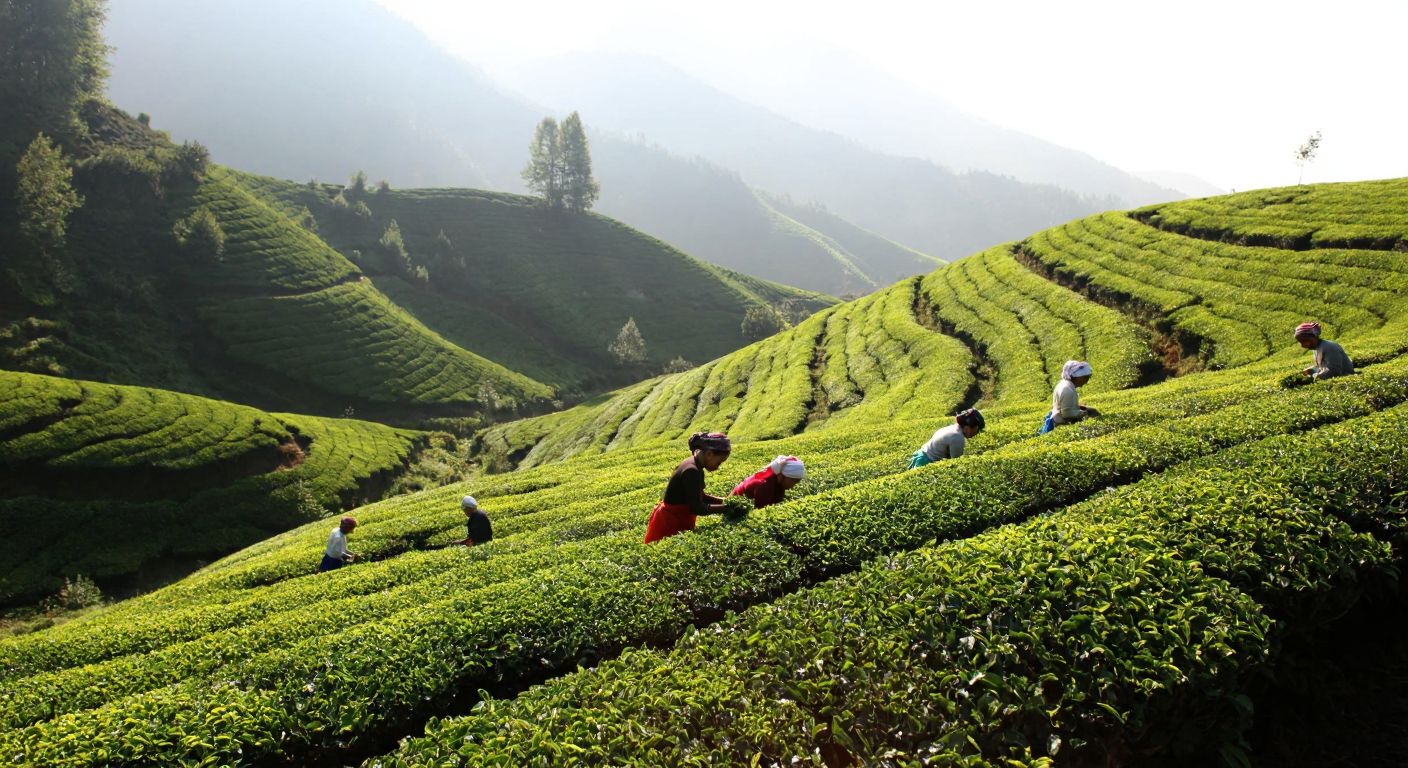 A lush green tea plantation in Rize, with terraced hillsides under a misty sky, where workers in traditional attire hand-pick fresh tea leaves under the warm glow of the sun.