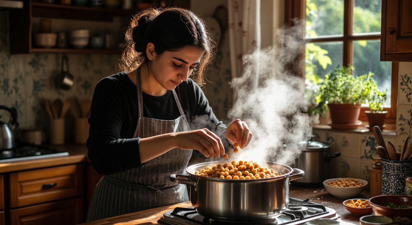 A Turkish woman in a cozy kitchen sprinkles salt into a pressure cooker filled with chickpeas, her face lit with concentration as steam rises around her.