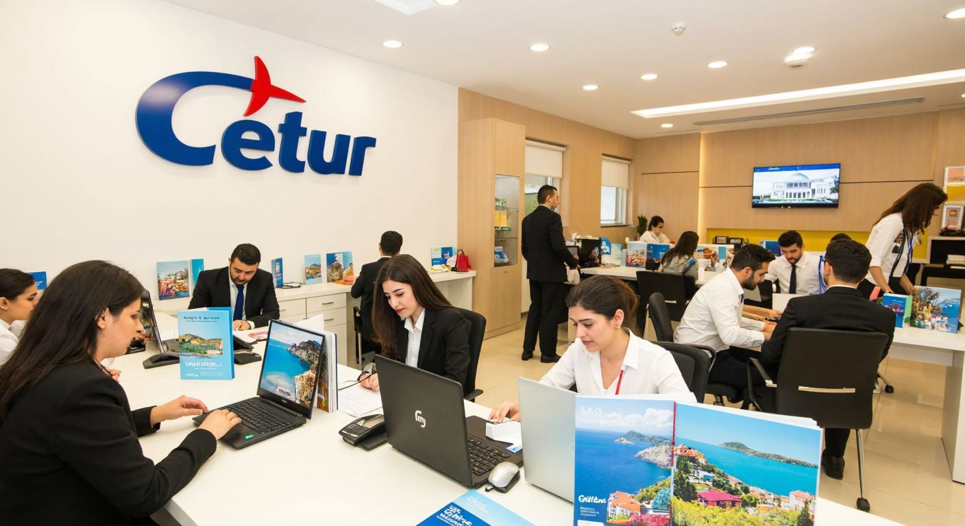 A bustling Turkish travel agency office with a large "Çetur" logo on the wall, employees in professional attire assisting customers, and colorful travel brochures showcasing scenic destinations.
