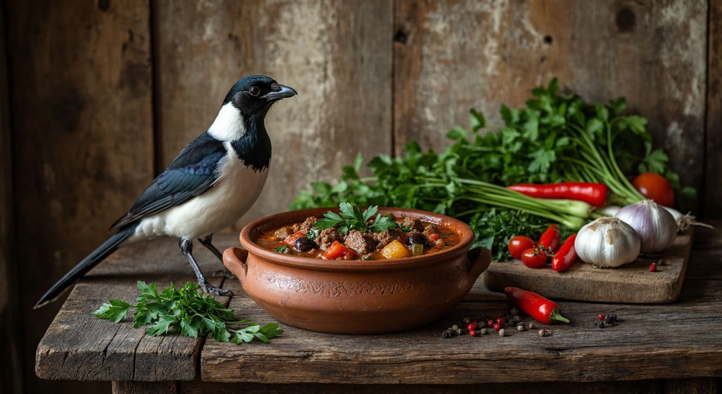 A plump magpie rests on a rustic wooden table beside a sizzling clay pot of stew, with fresh herbs and vegetables scattered nearby, evoking a traditional Turkish countryside meal.