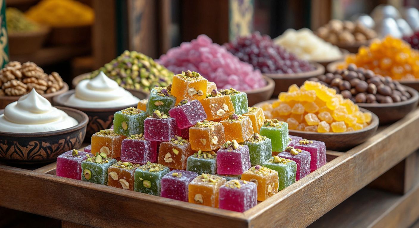 A vibrant wooden tray in a traditional Turkish market, piled with colorful cubes of lokum—some dusted with pistachios, others wrapped around walnuts—next to small bowls of creamy kaymak and golden nabat şekeri, evoking warmth and sweetness.