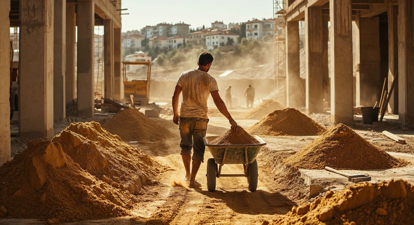 A sunlit construction site in Turkey with a muscular worker in a dusty shirt pushing a wheelbarrow full of sand, surrounded by piles of golden sand and scattered tools.