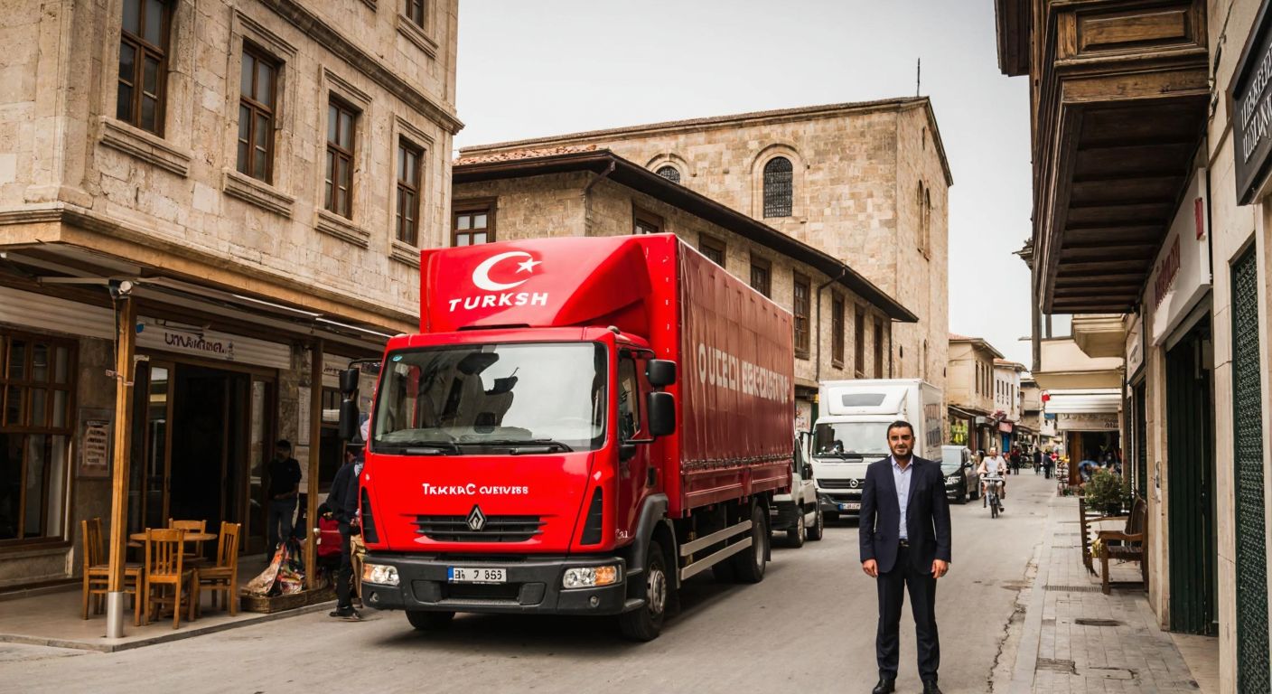 A bustling Gaziantep street with a traditional Turkish logistics truck parked near a historic stone building, while a middle-aged man in a business suit (representing Taner Horoz) stands confidently nearby, overseeing operations.