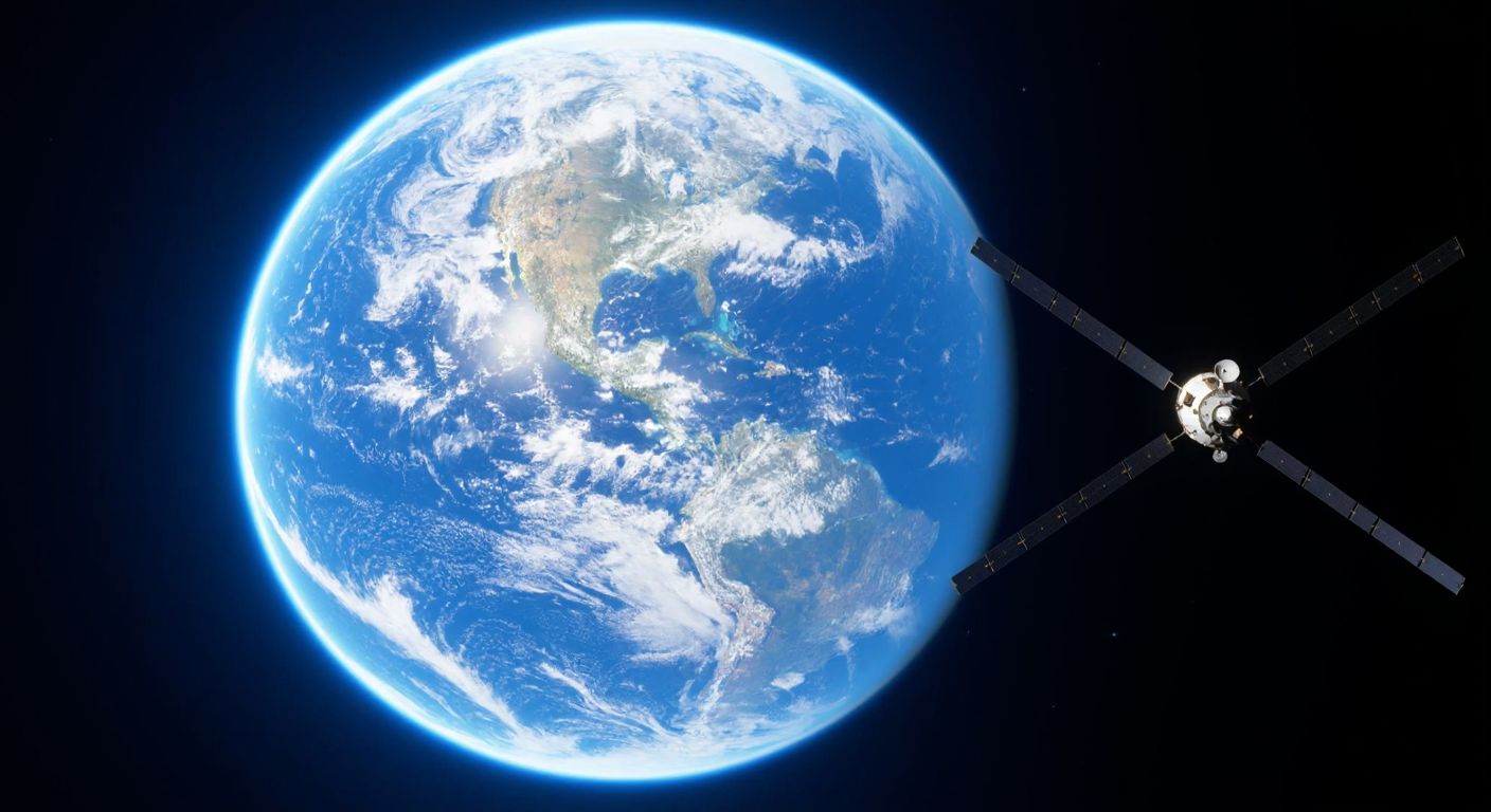 A glowing blue Earth floats in the darkness of space, its swirling white clouds and deep oceans illuminated by sunlight, while a small satellite in the foreground captures its true muted colors.