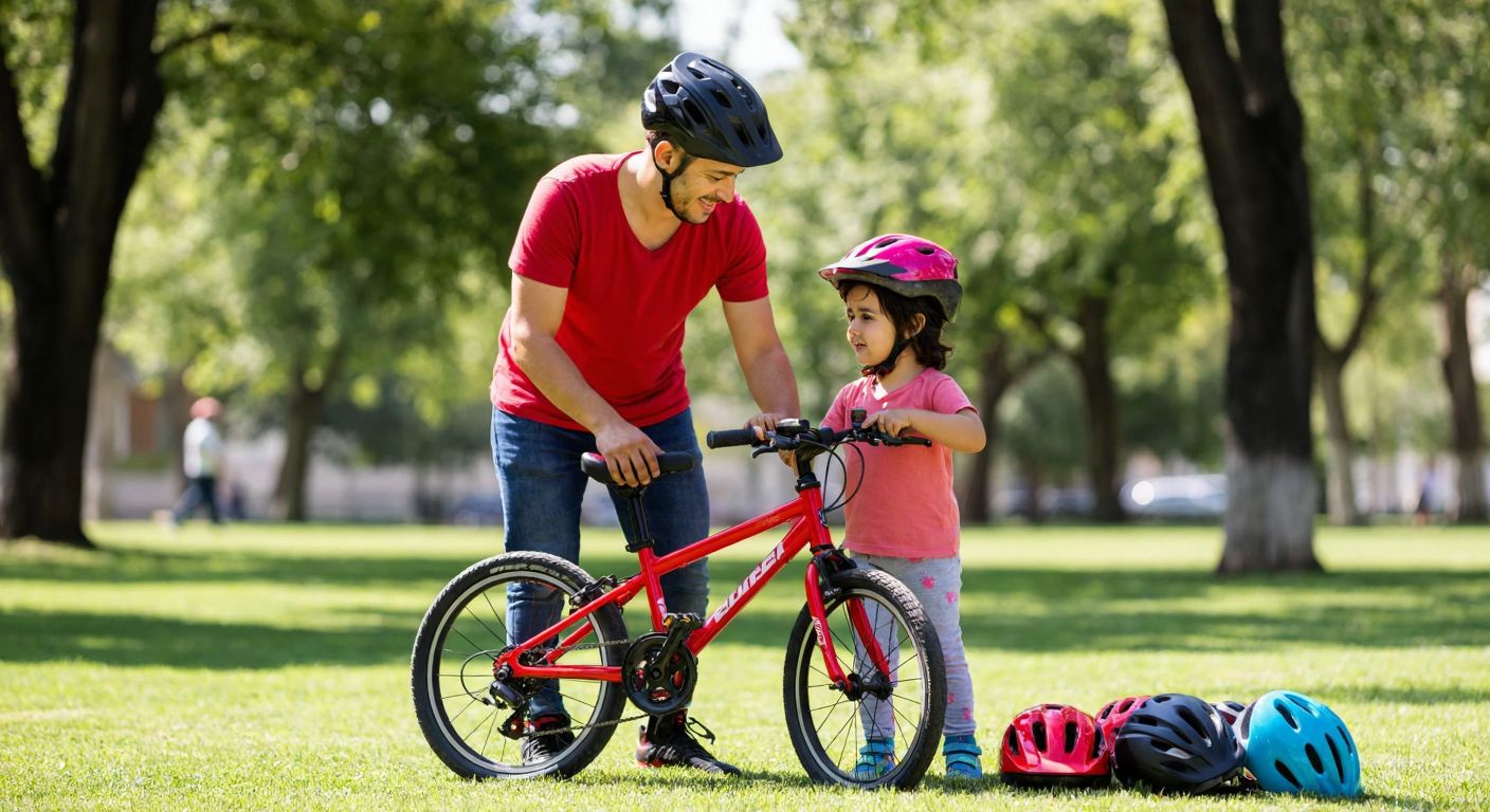 A smiling Turkish parent and child stand in a sunny park, examining a bright red bicycle with training wheels while wearing matching helmets, surrounded by colorful safety gear.