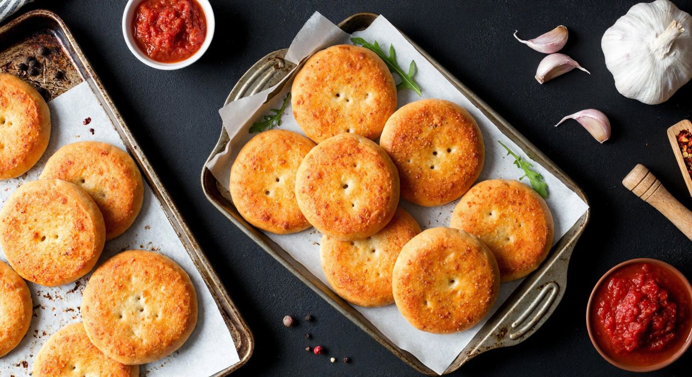 A warm Turkish kitchen with golden-brown pizza crackers fresh from the oven, arranged on a rustic tray beside scattered ingredients like olive oil, tomato paste, and spices, evoking a cozy, homemade cooking atmosphere.
