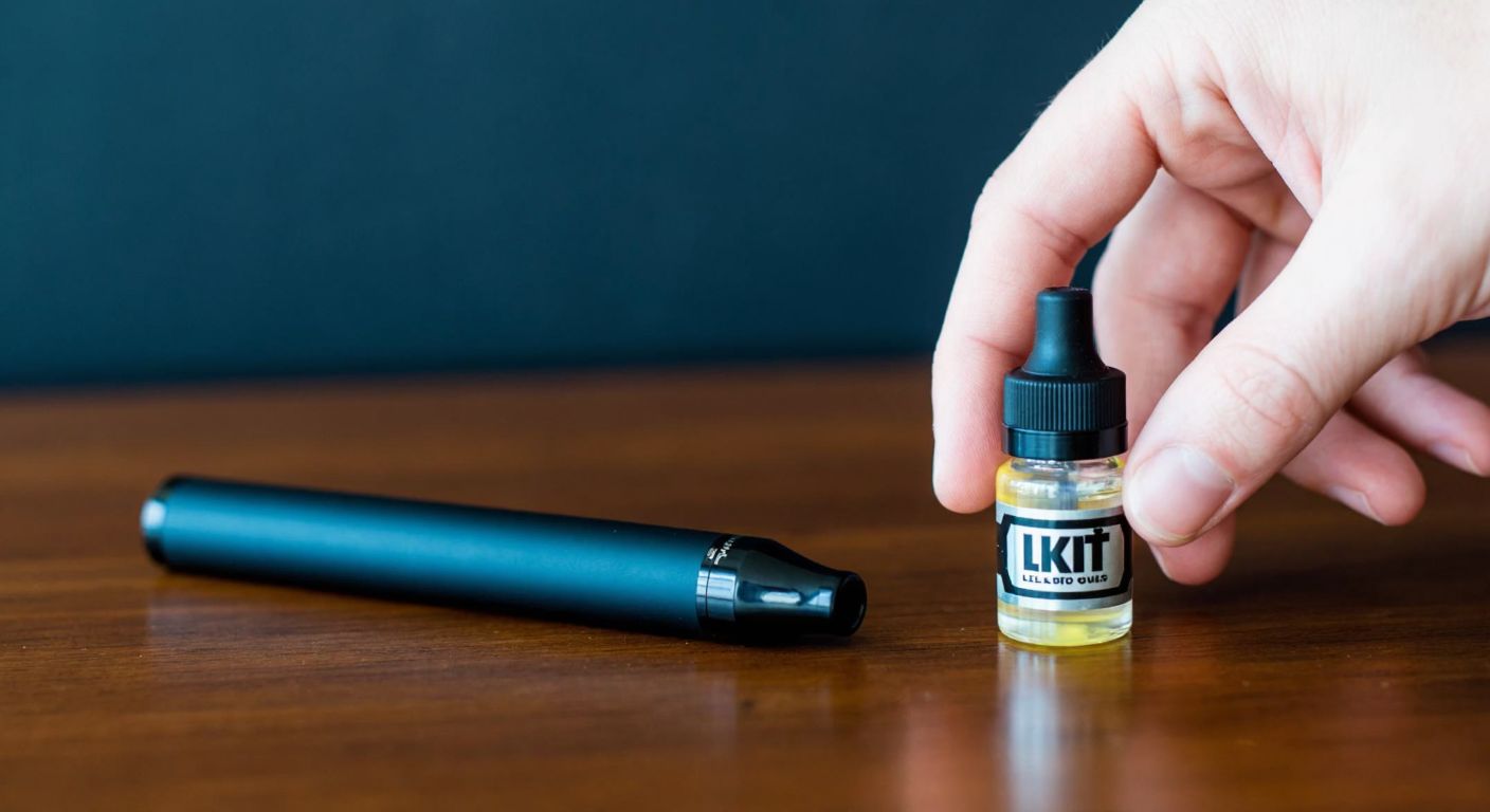 A sleek disposable e-cigarette (puff) lying next to a small bottle of flavored vaping liquid (likit) on a wooden table, with a hand reaching to pick one up.