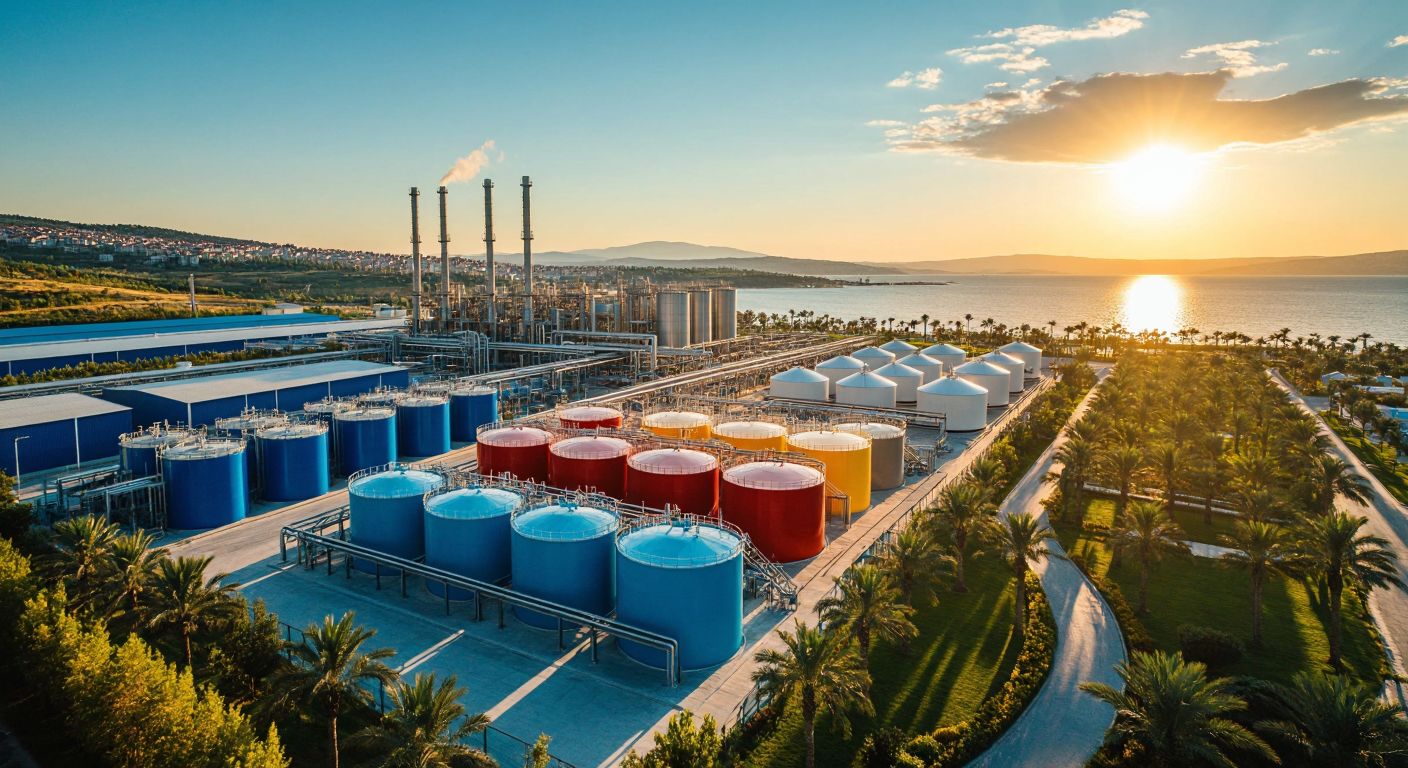 A bustling Turkish factory producing colorful beverages, a modern chemical plant with gleaming tanks, and a luxurious seaside resort with palm trees under a bright sun, all under the umbrella of a thriving corporate holding.