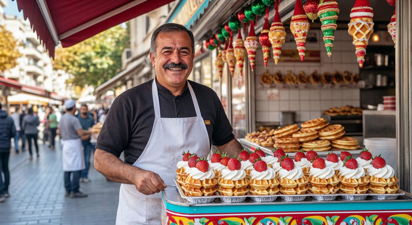 A cheerful middle-aged man with a mustache, wearing a white apron, stands proudly behind a colorful waffle cart adorned with festive decorations, serving golden-brown waffles topped with whipped cream and strawberries in a bustling Turkish street.