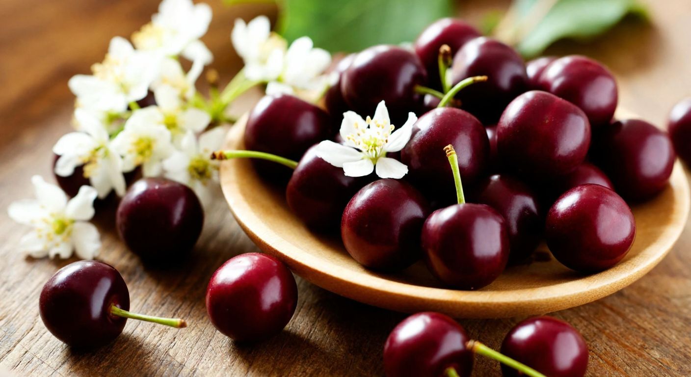 A close-up of small, dark cherry-like mahleb fruits with a scattering of fragrant white mahlep blossoms on a rustic wooden table in a sunlit Turkish kitchen.