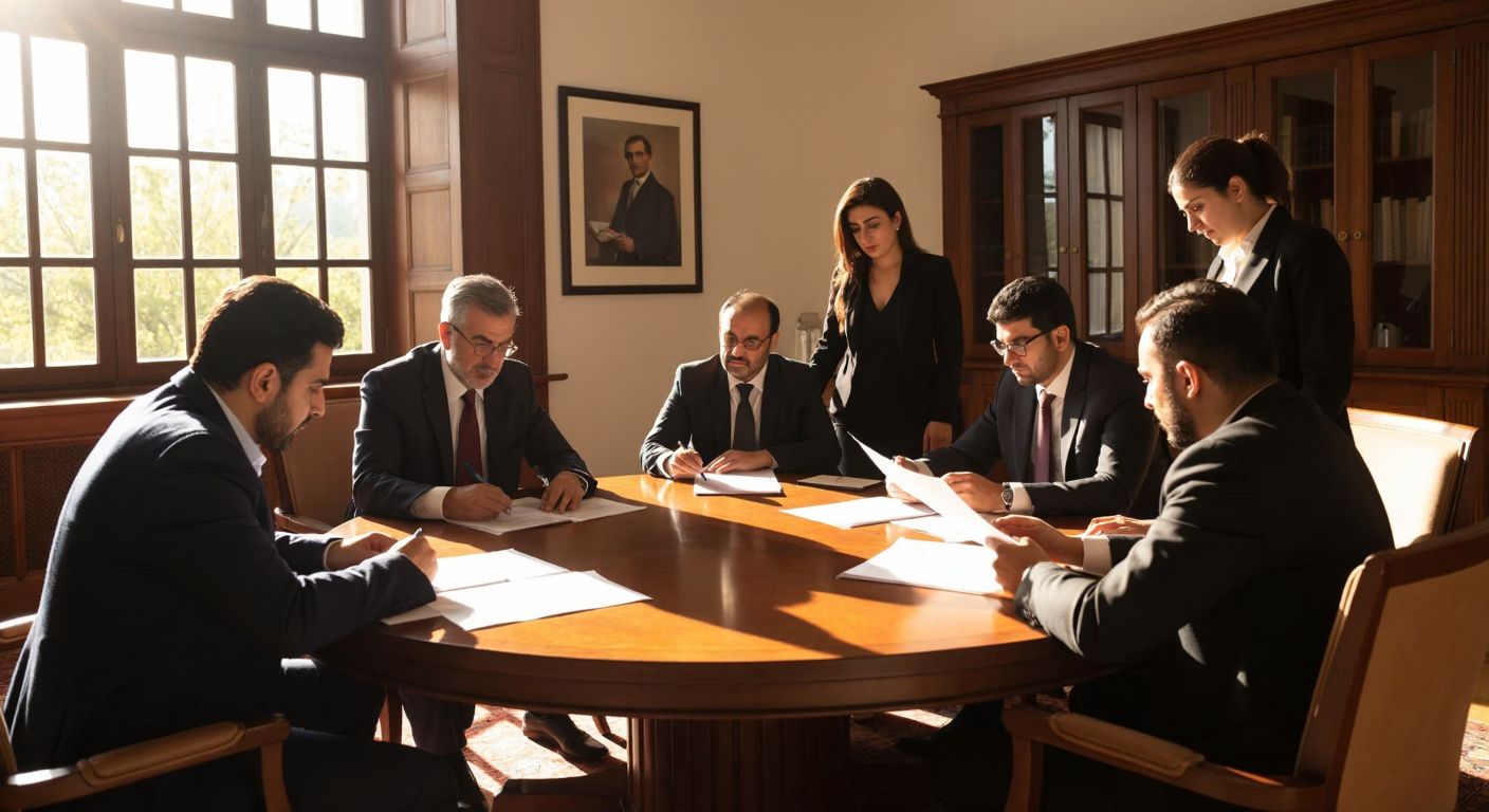 A group of diverse Turkish academics in formal attire sit around a wooden table in a sunlit university meeting room, reviewing documents with serious expressions, symbolizing ethical deliberation.