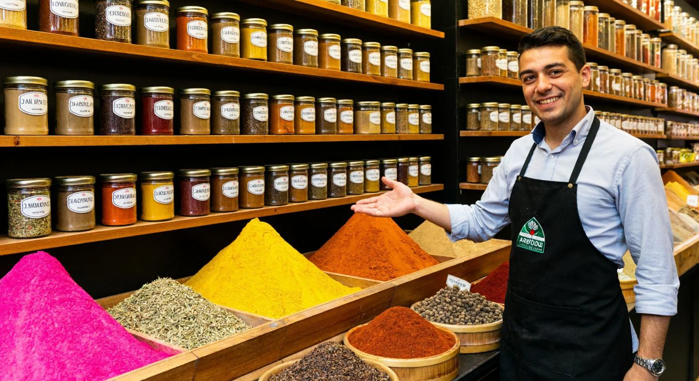 A vibrant Turkish spice bazaar with wooden shelves displaying colorful jars of Arifoğlu's black pepper, red pepper, cumin, turmeric, cinnamon, sumac, and ginger, while a smiling vendor in an apron gestures toward them.