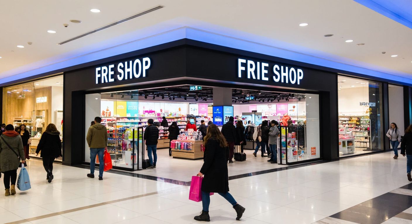 A modern shopping mall in Ankara's Çankaya district, with a sleek Free Shop XL storefront displaying colorful products, surrounded by shoppers in casual winter attire carrying bags.