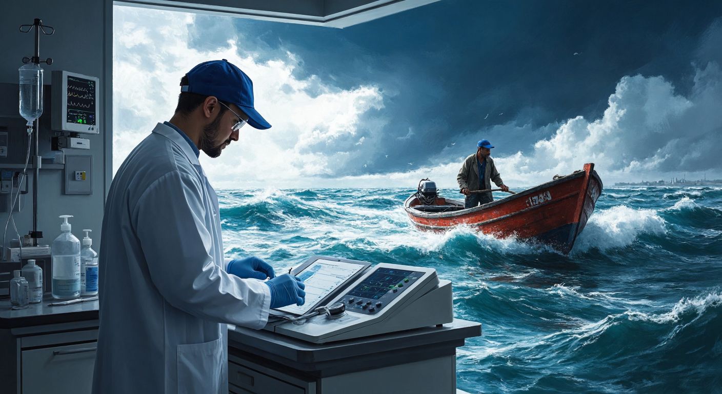 A biomedical engineer in a white lab coat analyzing medical equipment in a modern hospital, while in the background, a weathered fisherman in a blue cap steers a small fishing boat through choppy waters.