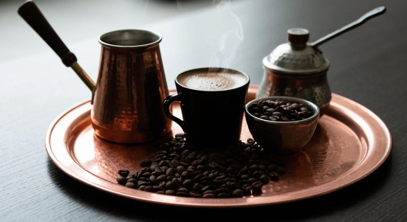 A warm, steaming cup of Turkish coffee sits on a copper tray beside a small bowl of roasted coffee beans, with a traditional cezve resting nearby, evoking a cozy, aromatic café setting in Istanbul.