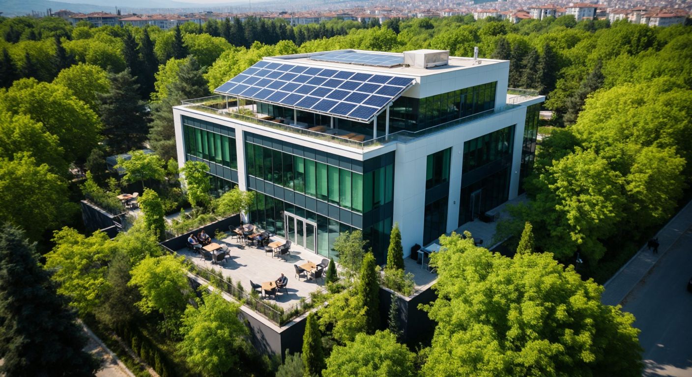 A modern Turkish office building surrounded by lush green trees, with solar panels on the roof and employees smiling while holding reusable coffee cups, symbolizing sustainability and environmental responsibility.