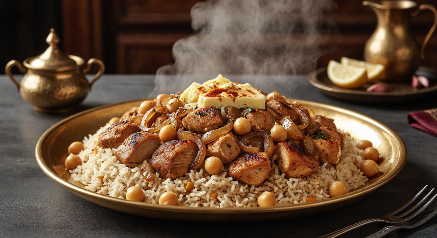 A steaming golden plate of Mevlüt pilavı, filled with fluffy rice, tender chunks of chicken, plump boiled chickpeas, and glistening butter, garnished with caramelized onions and sprinkled with aromatic spices, evoking warmth and tradition.