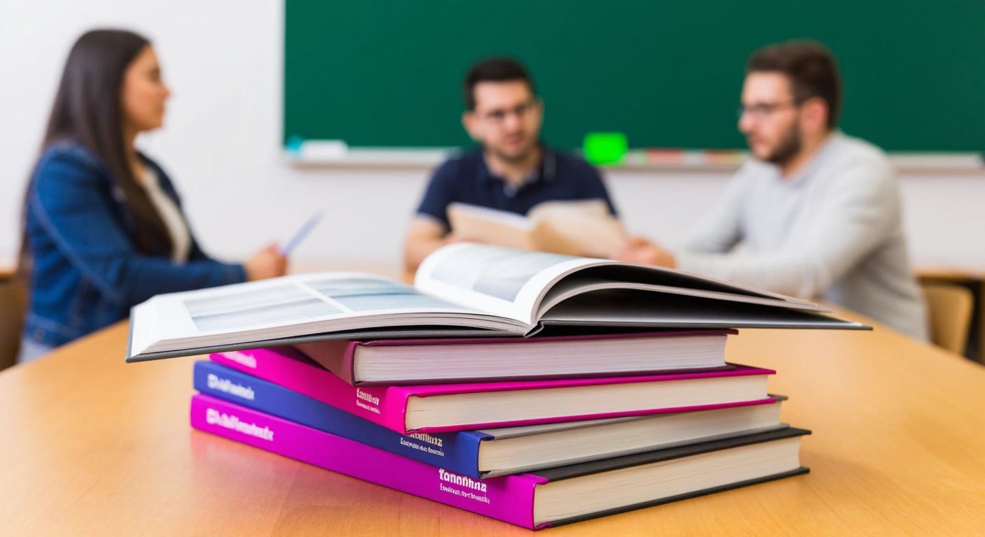 A stack of medium-thickness FEM Simetri LYS Mathematics books with a purple-highlighted section visible on an open page, placed on a wooden desk in a Turkish classroom with a student and teacher discussing a problem.
