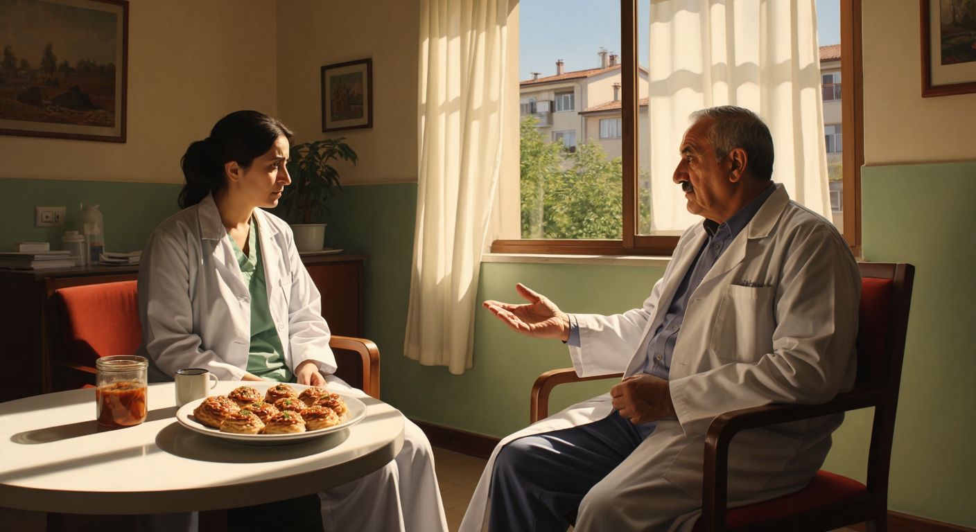 A concerned elderly Turkish patient sits in a sunlit clinic, listening intently as a doctor in a white coat gestures toward a diagram of a pancreas, while a plate of half-eaten baklava sits untouched on the side table.