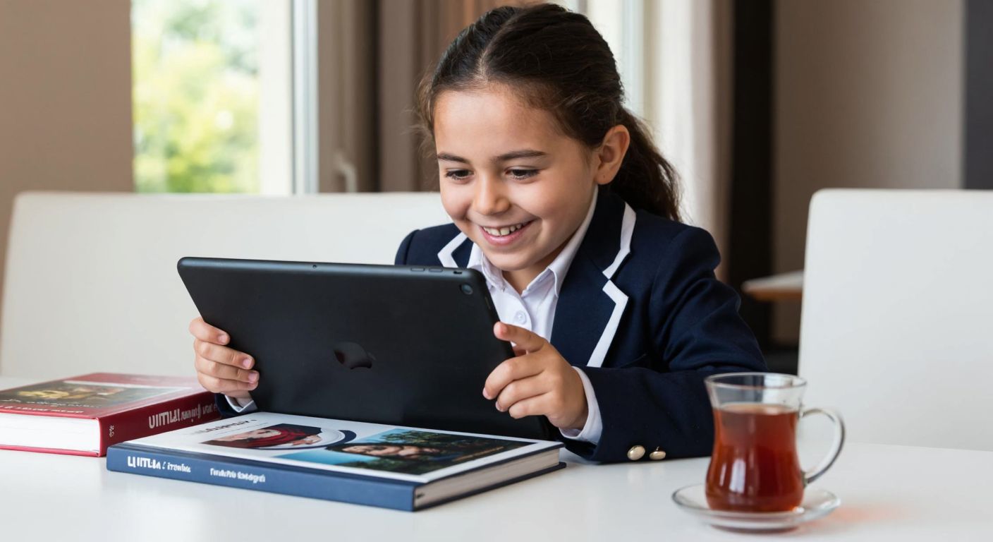 A young student in Turkey, wearing a school uniform, smiles while watching educational videos on a tablet, surrounded by Ulti Yayınları textbooks and a steaming cup of Turkish tea.