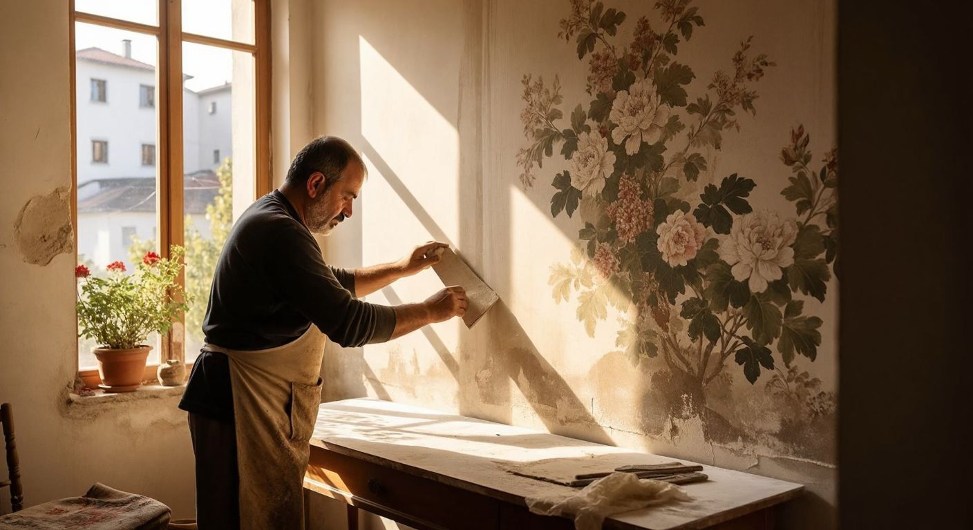 A Turkish craftsman carefully smoothing a thick, textured wallpaper with a floral pattern over a cracked wall in a sunlit room.