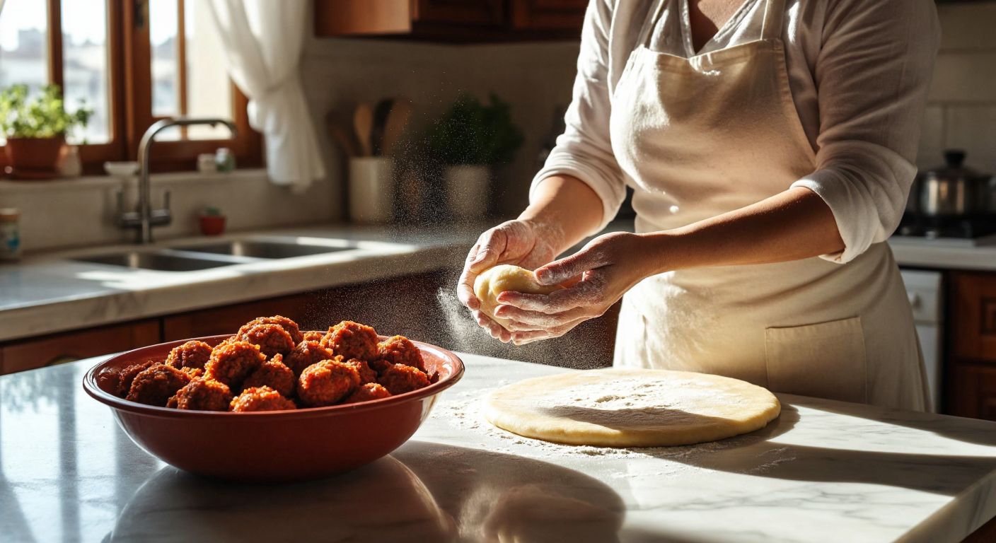 A Turkish woman in a sunlit kitchen kneads a golden-brown dough for içli köfte, her hands dusted with flour, while a bowl of minced meat filling rests nearby on a marble counter.