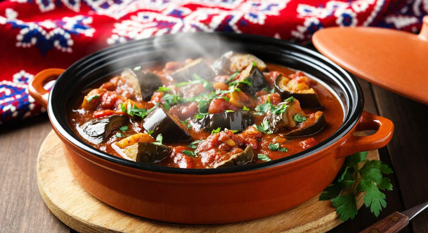 A steaming ceramic dish of richly spiced eggplant stew, garnished with fresh herbs, set on a rustic wooden table with traditional Azerbaijani patterned textiles in the background.