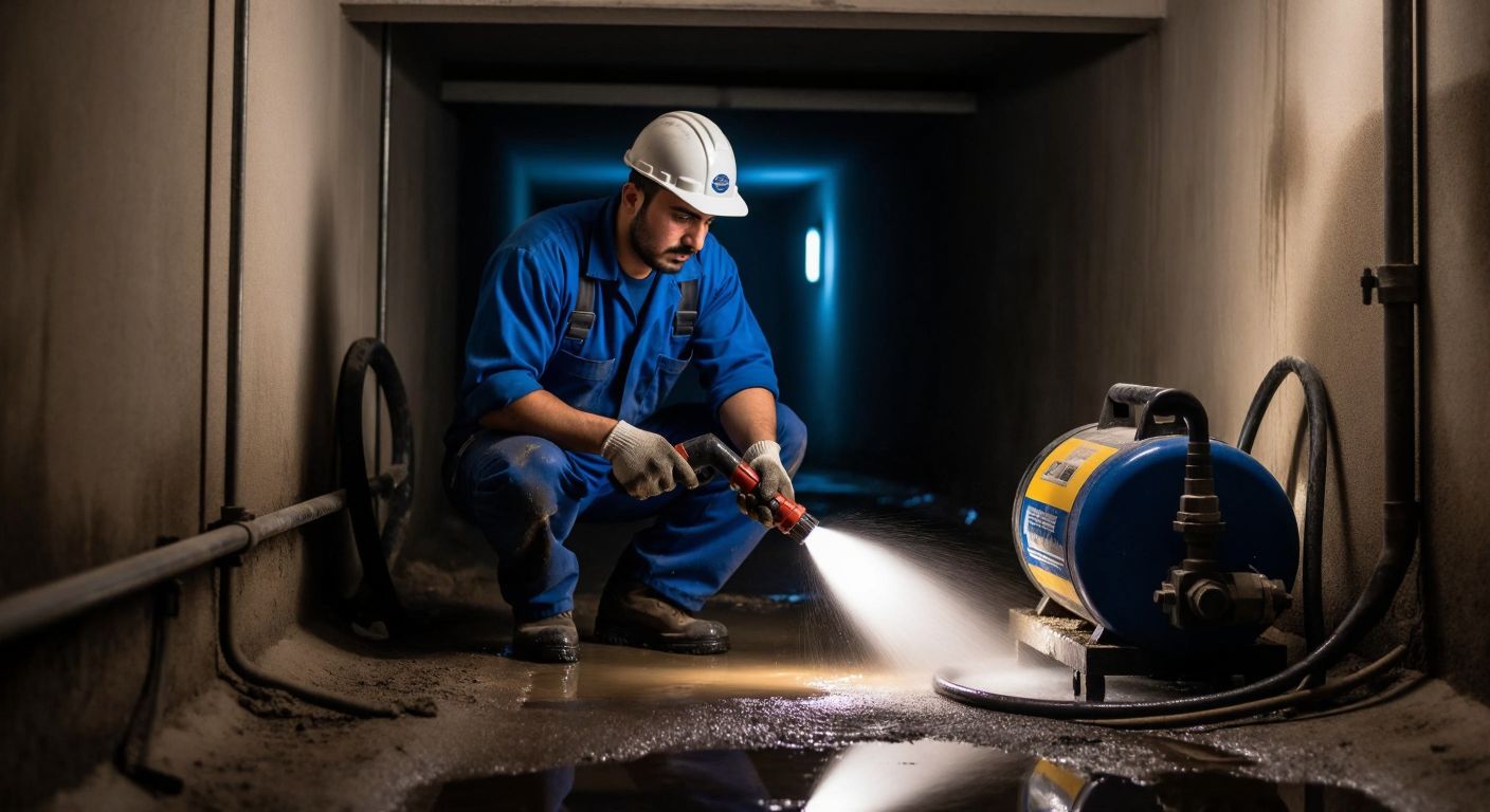 A Turkish plumber in a blue work uniform carefully operates a high-pressure water jet machine to clear a clogged pipe in a dimly lit basement.