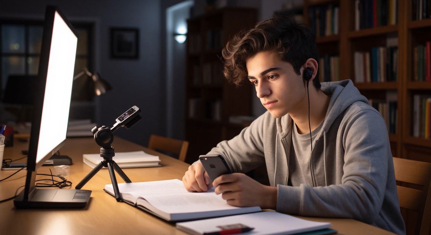 A young Turkish student with focused eyes sits at a wooden desk, surrounded by open textbooks and notebooks, while a smartphone mounted on a tripod records them under soft LED lighting, with a small microphone clipped to their collar.