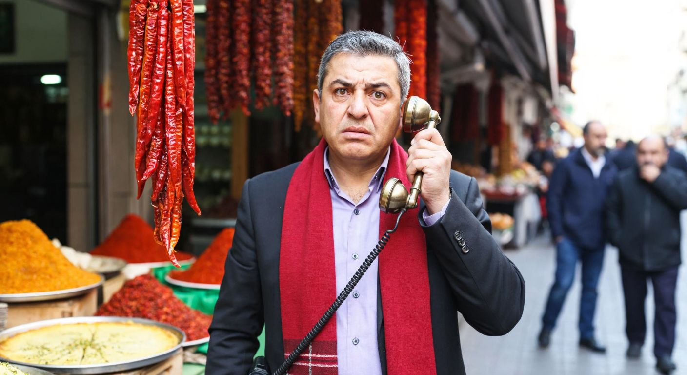 A man in Kahramanmaraş, Turkey, wearing a traditional red Maraş scarf, holds an old rotary telephone with a puzzled expression while standing near a bustling bazaar with stalls selling spicy Maraş pepper and künefe.