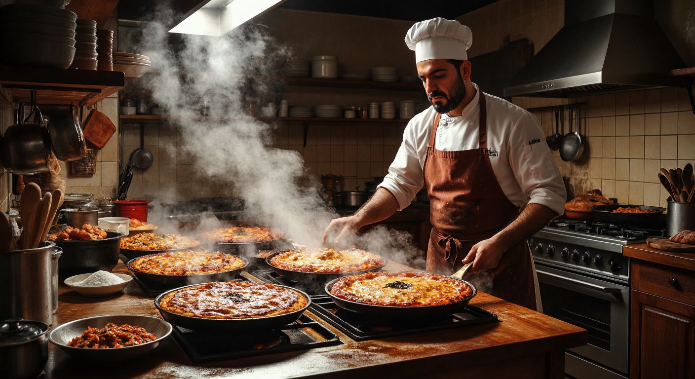 A warm Turkish kitchen with a golden-crusted dish fresh from the oven, steam rising as a chef in a traditional apron frowns at a cold, dry portion of the same dish left on the counter.