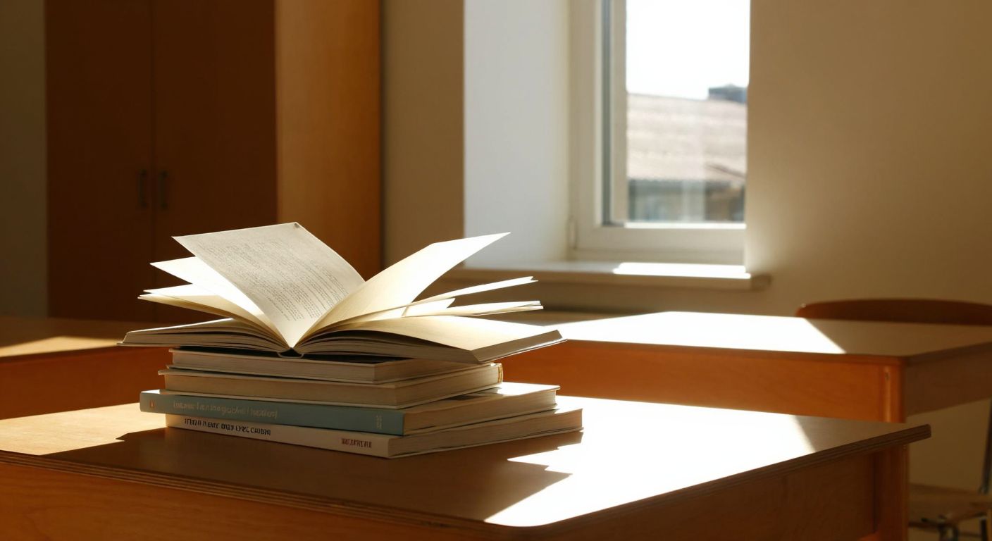 A stack of open books with one bookmarked at page 8, placed on a wooden desk in a Turkish classroom with sunlight streaming through the window.