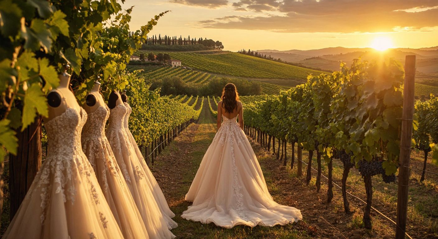A bustling Ankara wedding shop with elegant dresses and decor, contrasted by a serene Italian vineyard with rows of grapevines under a golden sunset.