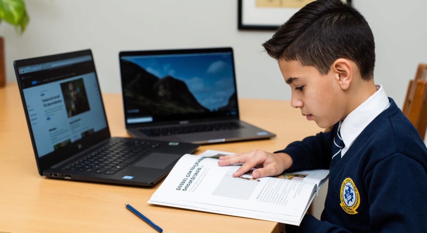 A focused Turkish student in a school uniform sits at a wooden desk, flipping through a social studies workbook by Metin Özdamarlar, with a laptop open to a webpage in the background showing an educational site.