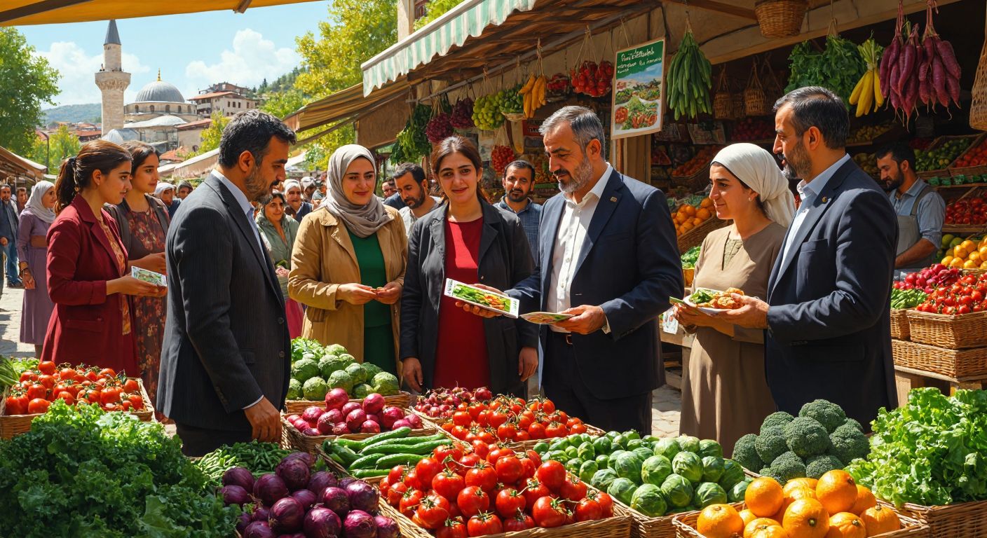 A group of diverse Turkish farmers and families in a sunlit marketplace, examining fresh produce and food labels with curiosity and trust, while a government official in a suit gestures toward educational posters about healthy eating.