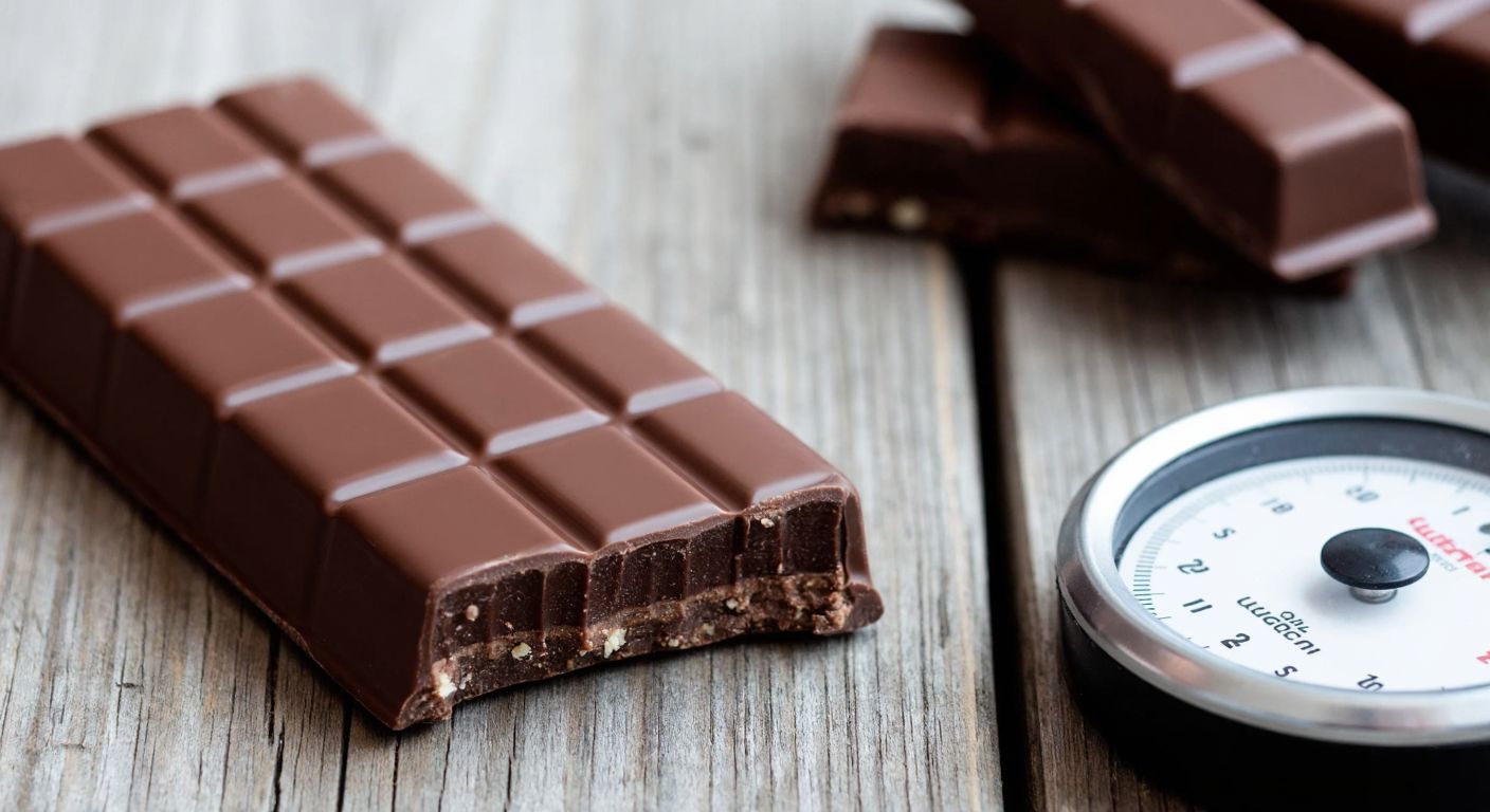 A close-up of a glossy, unwrapped Eti Karam dark chocolate bar resting on a rustic wooden table, with a small kitchen scale beside it showing the weight.