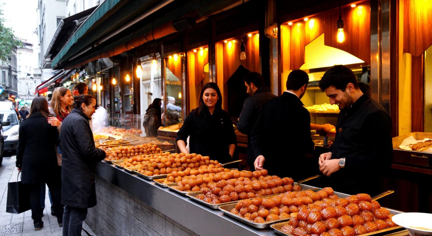 A bustling Istanbul street scene with a warm, golden-lit dessert shop displaying trays of crispy, syrup-drenched tulumba tatlısı, surrounded by eager customers smiling as they enjoy the sweet treat.
