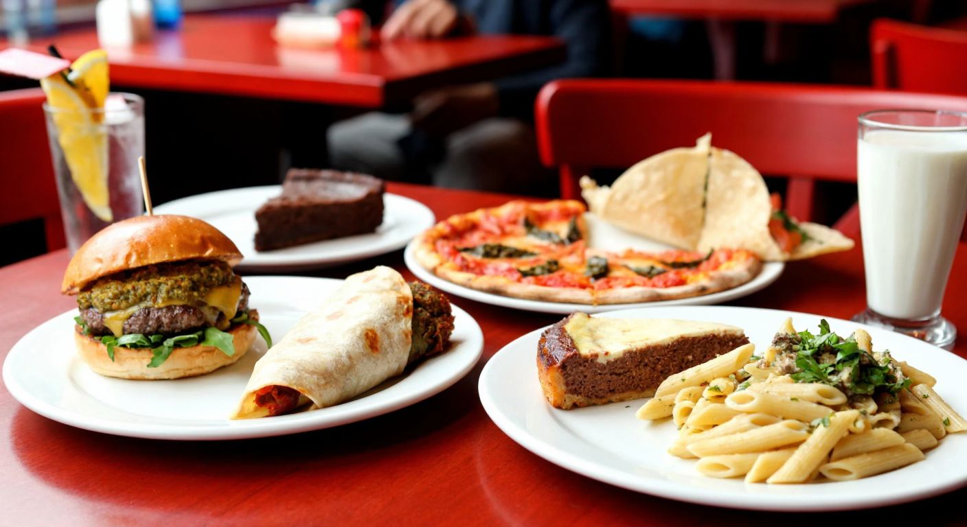 A vibrant table in a cozy Turkish restaurant setting, laden with a juicy burger, a slice of margherita pizza with pesto, a plate of creamy penne pasta, a falafel wrap, a slice of chocolate cheesecake, and a glass of ayran, all under warm ambient lighting.