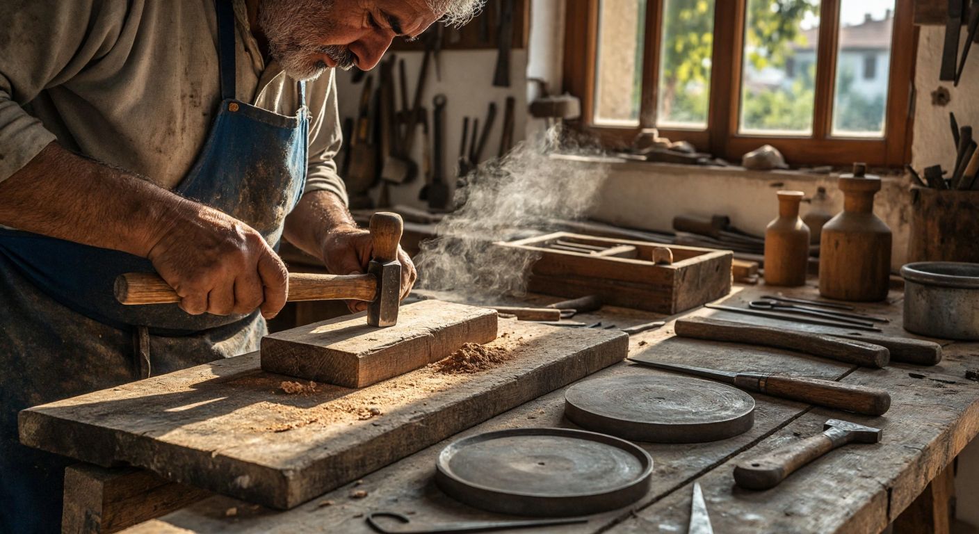 A craftsman in a sunlit Turkish workshop carefully carves a wooden mallet handle from oak, while metal plates and tools lie scattered on a rustic wooden table.