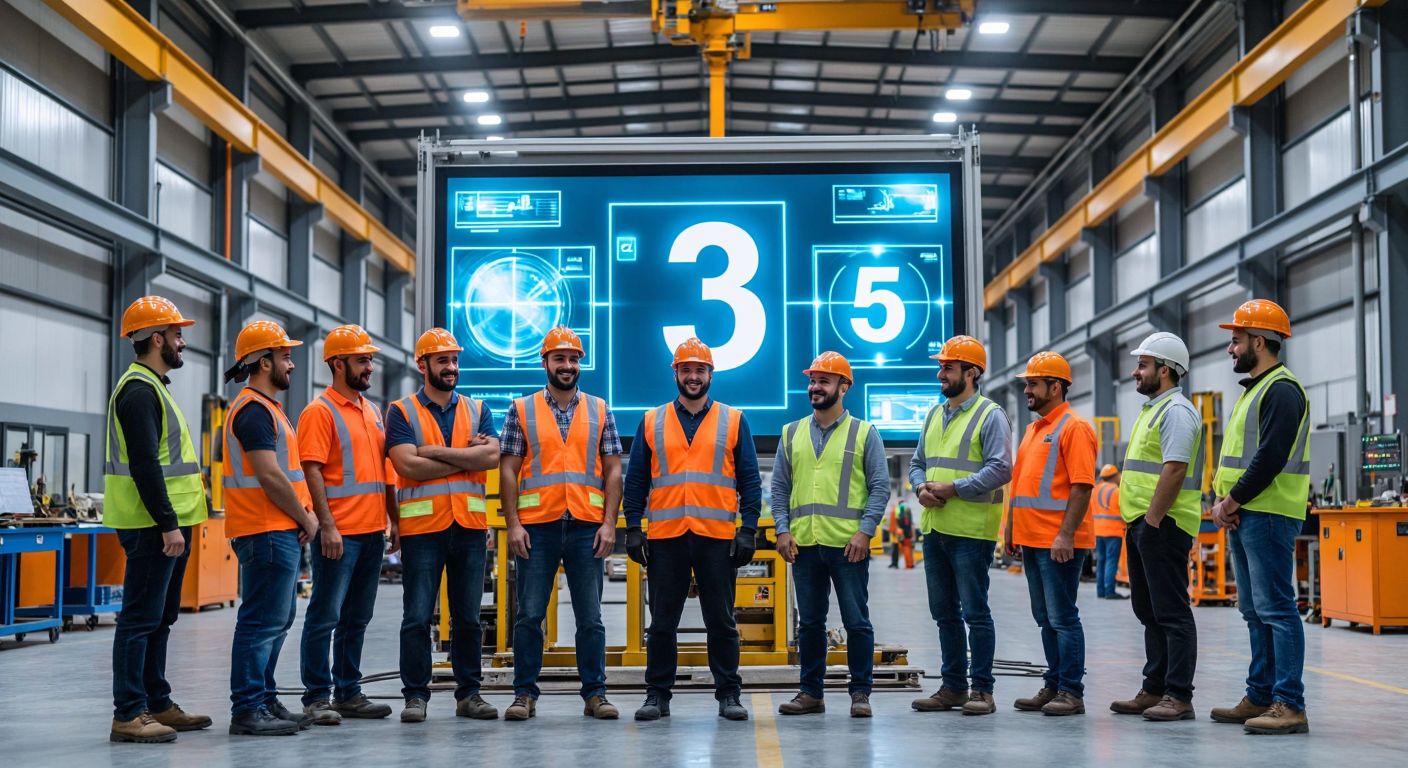 A bright, well-lit industrial workshop in Turkey with a group of smiling construction workers in hard hats and safety vests gathered around a large, illuminated digital display showing a rising number, symbolizing accident-free days.